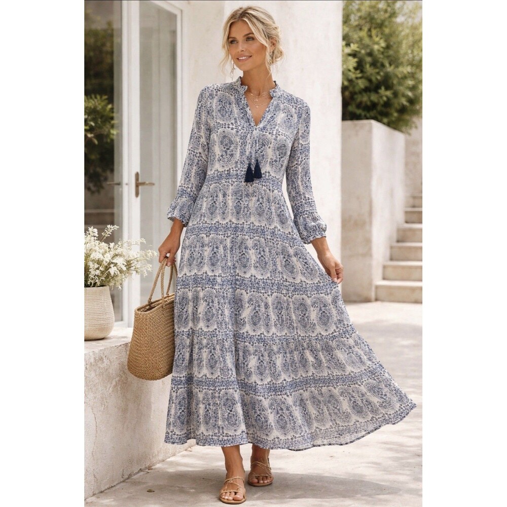 VICI Blue White Paisley Boho Maxi Paisley Tiered Coastal Flowy Dress Medium